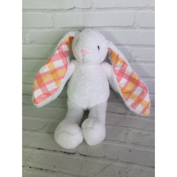 Plushible White Bunny Rabbit Plush Stuffed Animal Toy Pink Orange Plaid Ears - Picture 1 of 7